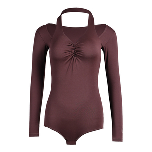 贝蒂挂脖漏肩上衣连体拉丁舞练功服女成人长袖百搭舞衣带胸垫BD29