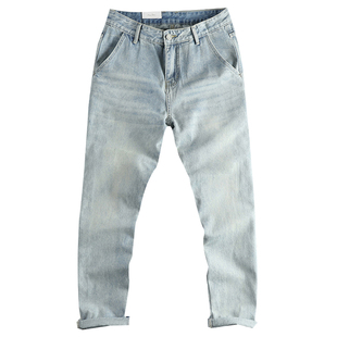 轻奢高级感浅蓝色复古水洗做旧牛仔裤男 修身小直筒百搭潮流长裤
