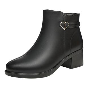 红蜻蜓妈妈鞋冬季女鞋短靴鞋子粗跟加绒皮鞋真皮软底中年女士靴子