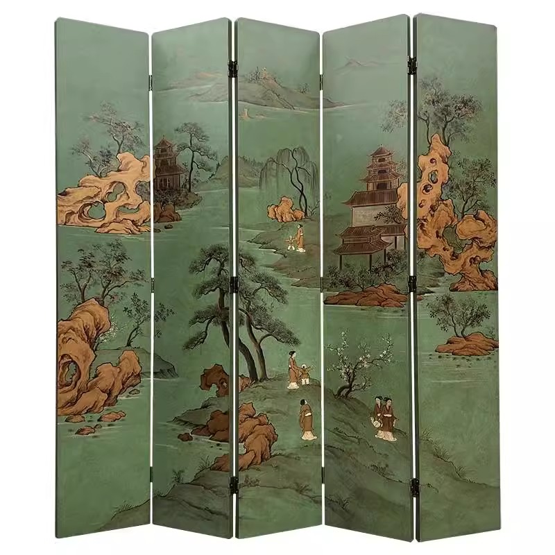 新中式手绘背景墙山水画屏风简约