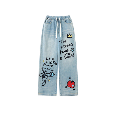 晚安小猫字母印花牛仔裤美式