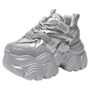 银色厚底9cm老爹鞋女款轻便2025春秋新爆款女式休闲钻松糕鞋软底