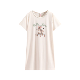 芬腾女士睡裙夏季薄款短袖睡衣中裙甜美少女可爱休闲家居服连衣裙