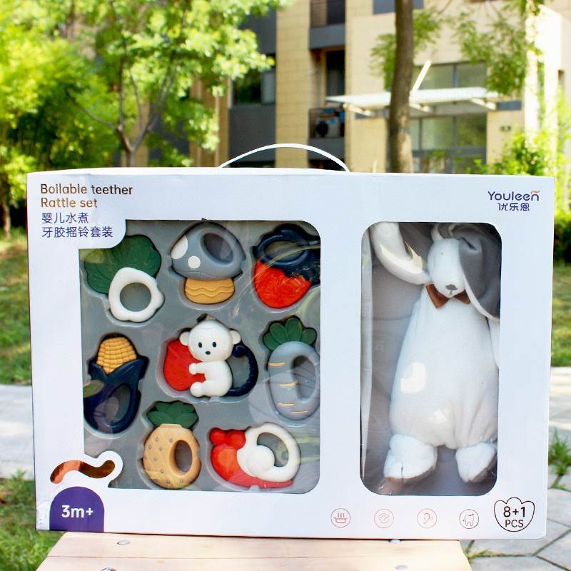 优乐恩牙胶摇铃玩具礼盒萌萌刚出生百天满月送鸡岁婴幼儿0-1新生