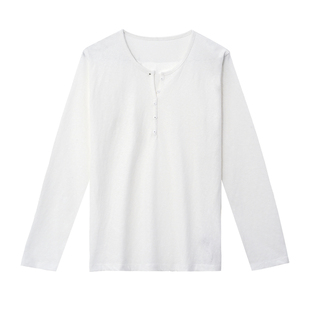 SEAWHEN海维恩小V纽扣领亚麻长袖T恤亨利领藏肉显瘦半开襟上衣
