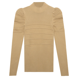 半高领毛衣女秋冬欧货设计感泡泡袖上衣紧身内搭针织打底衫女长袖