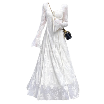 雾漫白茶禅意新中式蕾丝长裙穿搭