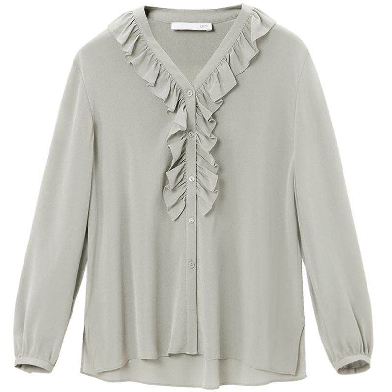 【重磅真丝】OVV秋冬女装22姆米鬼绉V领荷叶边长袖衬衫