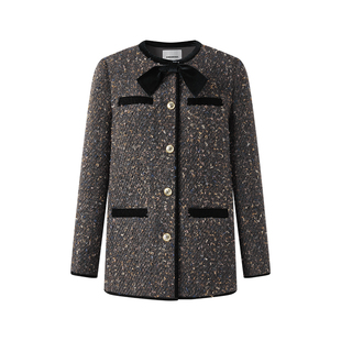 Eimismosol秋冬新款圆领丝绒蝴蝶结中长小香风气质外套女夹克