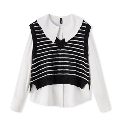 森马雪纺长袖衬衫撞色背心两件套