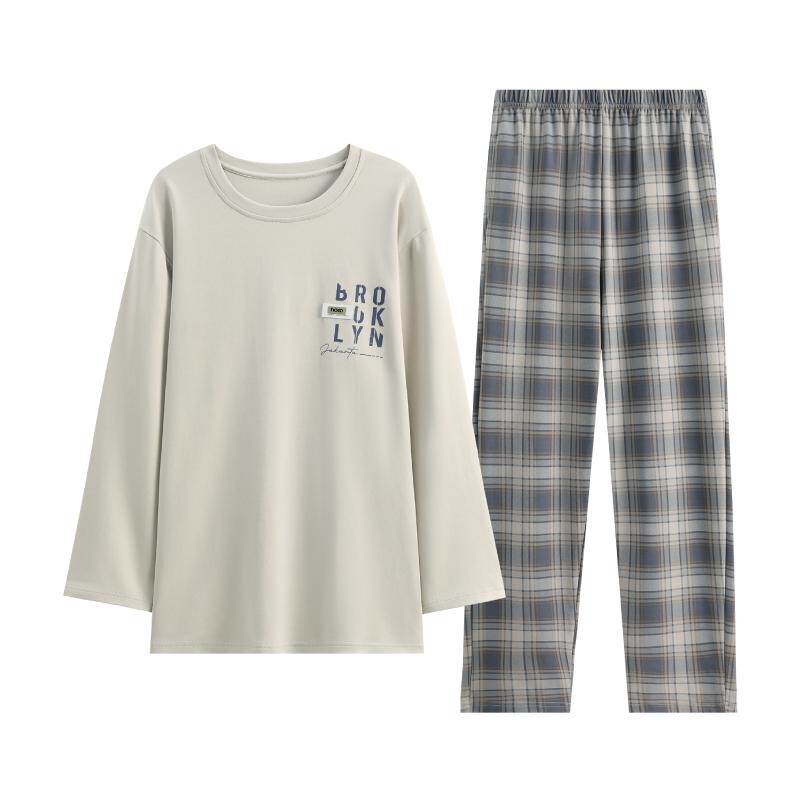 芬腾男士睡衣男秋款纯棉长袖圆领套头加大码春秋季男生家居服套装
