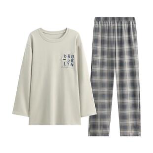 芬腾男士睡衣男秋款纯棉长袖圆领套头加大码春秋季男生家居服套装