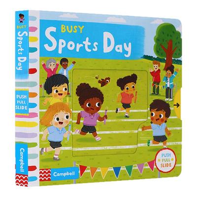 英文原版绘本 Busy Sports Day繁忙的运动会 低幼英语启蒙早教机关操作纸板游戏书 锻炼手指灵活 亲子共读图画书 Campbell出品