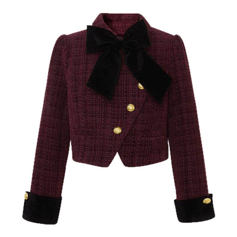 LULUALWAYS【商场同款】冬季新款优雅通勤小香风丝绒蝴蝶结短外套