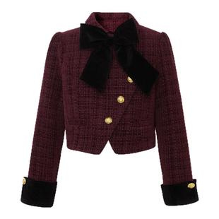 LULUALWAYS【商场同款】冬季新款优雅通勤小香风丝绒蝴蝶结短外套