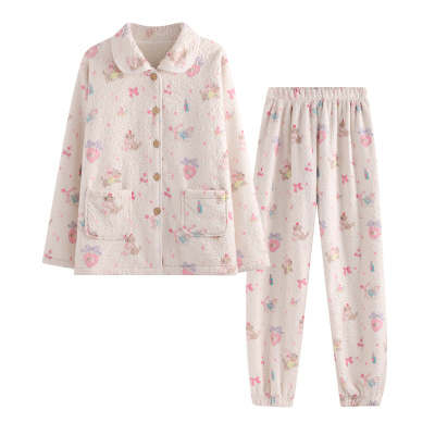 侘町2025年新款粉色兔兔小狗羊羔绒长袖睡衣女秋冬季法兰绒家居服