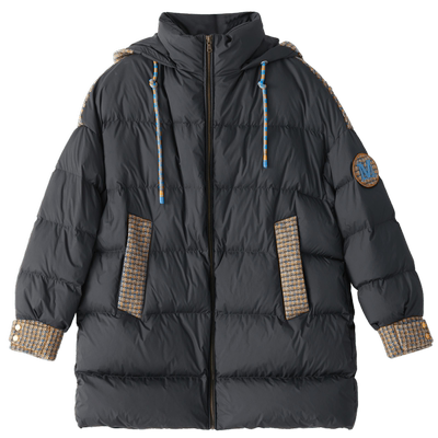 谜底2022冬季新品撞色宽松中长款连帽羽绒服加厚外套女229MY6185