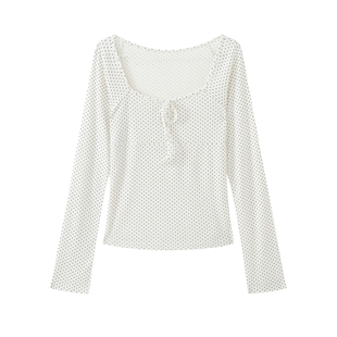 荒荒家黑点蝴蝶结长袖上衣2026春季新款微透设计小心机打底外穿女