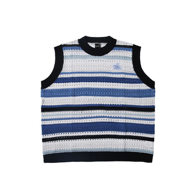 RIC彩条钩针圆领叠穿马甲上衣