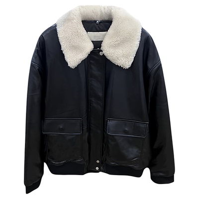 秒发！OUNCE皮夹克韩国2026新款可拆卸毛领翻领单排扣皮衣外套女