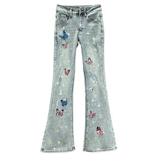牛仔喇叭裤女潮2023年春季新款高腰修身显瘦欧货镶钻绣花拖地长裤