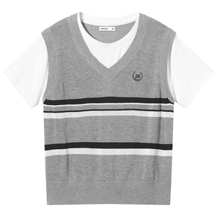 热风女士短袖针织衫上衣2026年夏季新款刺绣假两件针织衫韩系短袖