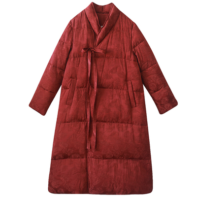 【朱颜长安】文艺系带羽绒服女冬长款新中式仿真丝提花过膝白鸭绒