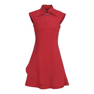 【运动旗袍系列】svg高尔夫25早春新款女装红色绣花旗袍连衣裙女