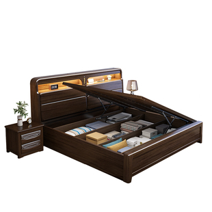 侧开储物床胡桃木全实木床家用1米5的床小户型次卧高箱气压储物床