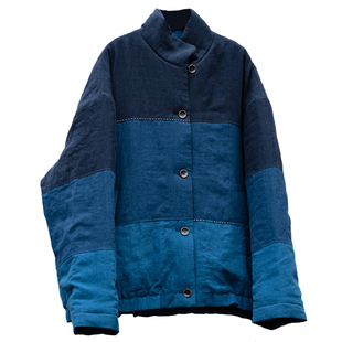 知笔墨2025植物染蓝染亚麻棉服棉衣手绣绗线立领花苞下摆保暖外套