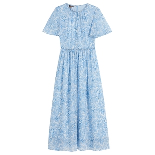 YINER音儿专选2025夏季新款镂空小V领虞美人方格雪纺纱印花连衣裙