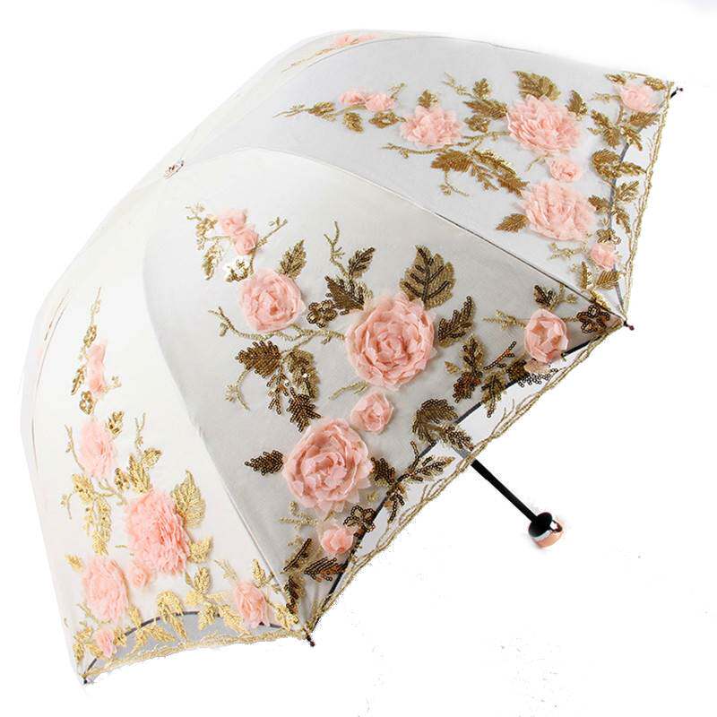 三折公主蕾丝防晒女士刺绣雨伞