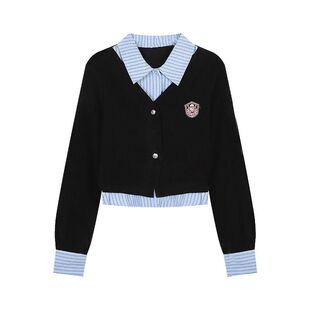 早秋学院风假两件黑色长袖衬衫领上衣女春秋季超好看穿搭套头衫