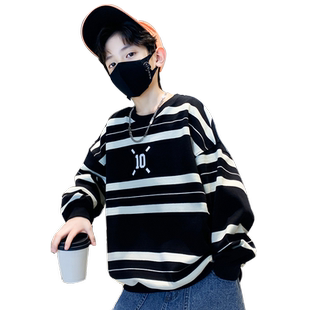 男童春秋长袖T恤2026新款秋装中大童加绒打底衫儿童条纹炸街卫衣A