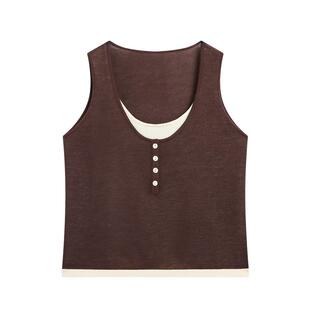 紫涵假两件针织吊带背心女夏季新款松弛外穿大U领上衣可露丽打底