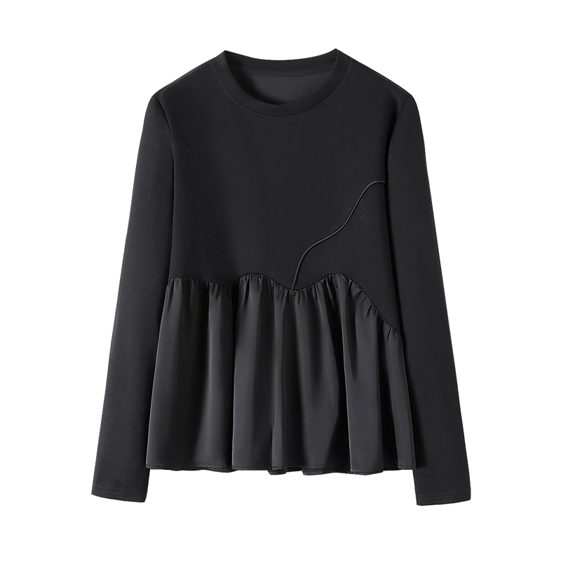 她池设计感T恤2025秋装新款女装不规则拼接长袖圆领荷叶边上衣