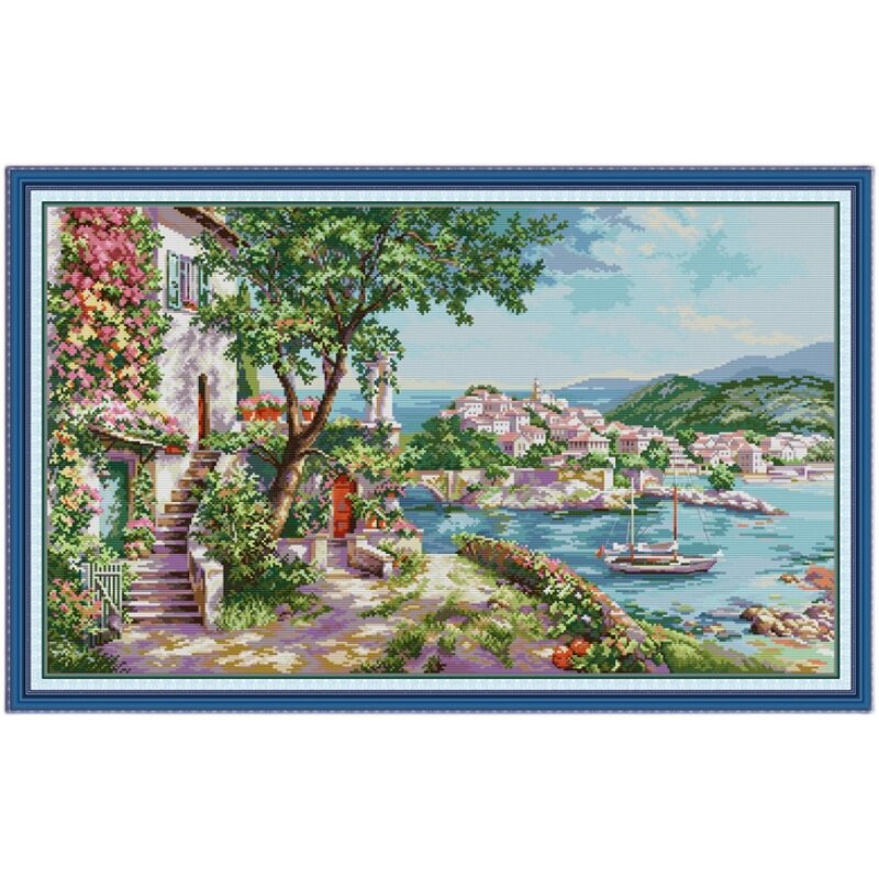 地中海风景十字绣海边花园小屋