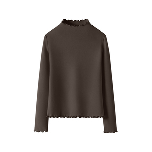 KV真维斯咖色木耳边打底衫女2026新款春秋季修身长袖时尚百搭上衣