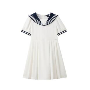 eland kids衣恋童装女童连衣裙夏季休闲海军领短袖裙演出服百褶裙