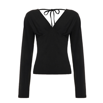 WEEKEEP 黑色简约性感V领捏褶收腰绑带长袖T恤女百搭基础修身上衣