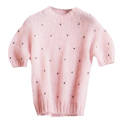 针织衫高端短袖粉色纯羊毛马海毛