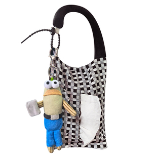 emo比奇堡打工鱼车载棋盘格纸抽盒可爱丑萌毛绒抽纸盒车内装饰品