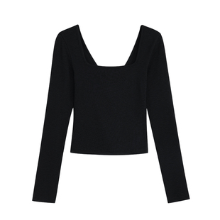 NEVA HU 基础穿搭 大U领白色长袖t恤女简约修身气质短款针织上衣