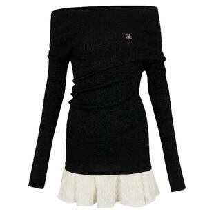 Viapitti 官方授权24秋季新款斜边一字肩拼接撞色毛织裙百搭