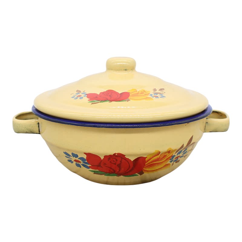 复古搪瓷双耳带盖花卉甜品碗