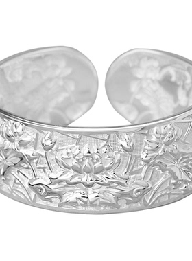 鲤鱼莲浮雕女足银9999手镯民族风