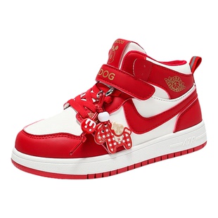 巴布豆童鞋女童高帮运动鞋春秋新款皮面防水儿童休闲鞋子男童板鞋