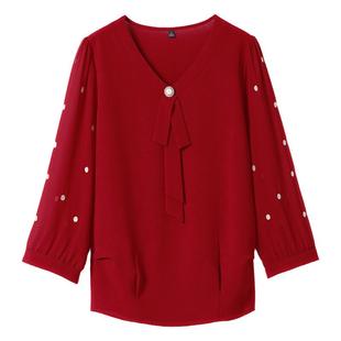 2026夏装新款中老年妈妈洋气七分袖雪纺小衫夏季遮肚子短袖上衣女