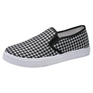 春秋新款韩版 帆布鞋女鞋 一脚蹬千鸟格格布休闲鞋低帮老北京布鞋