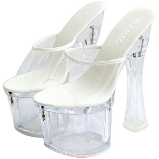 水晶鞋透明防水台18/20cm恨天高超高跟凉拖鞋超稳粗跟婚纱夜场鞋